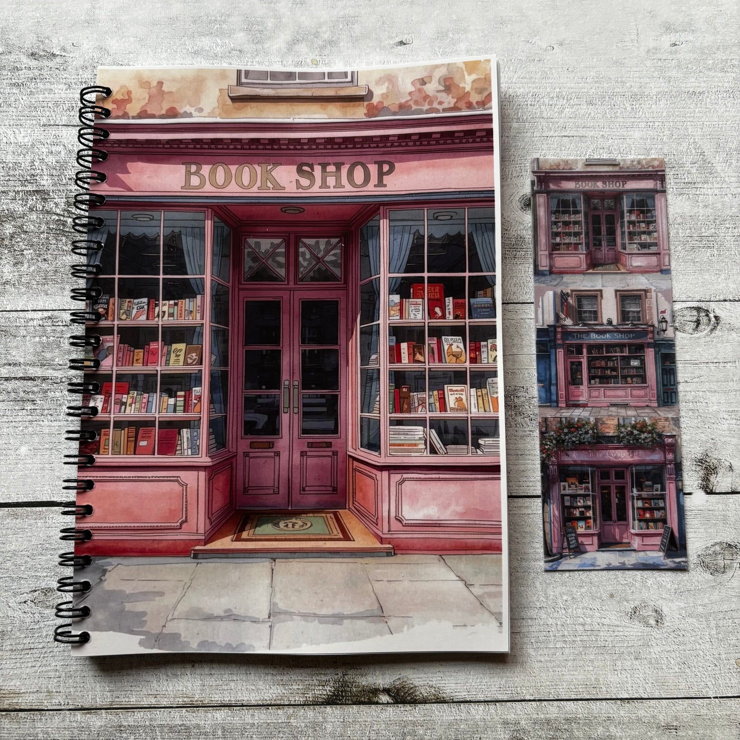 Notebook with a vintage bookshop design on a textured linen surface bookmark