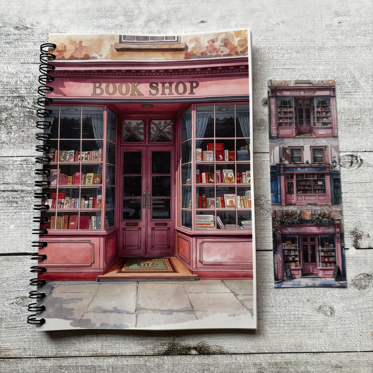 Notebook with a vintage bookshop design on a textured linen surface bookmark