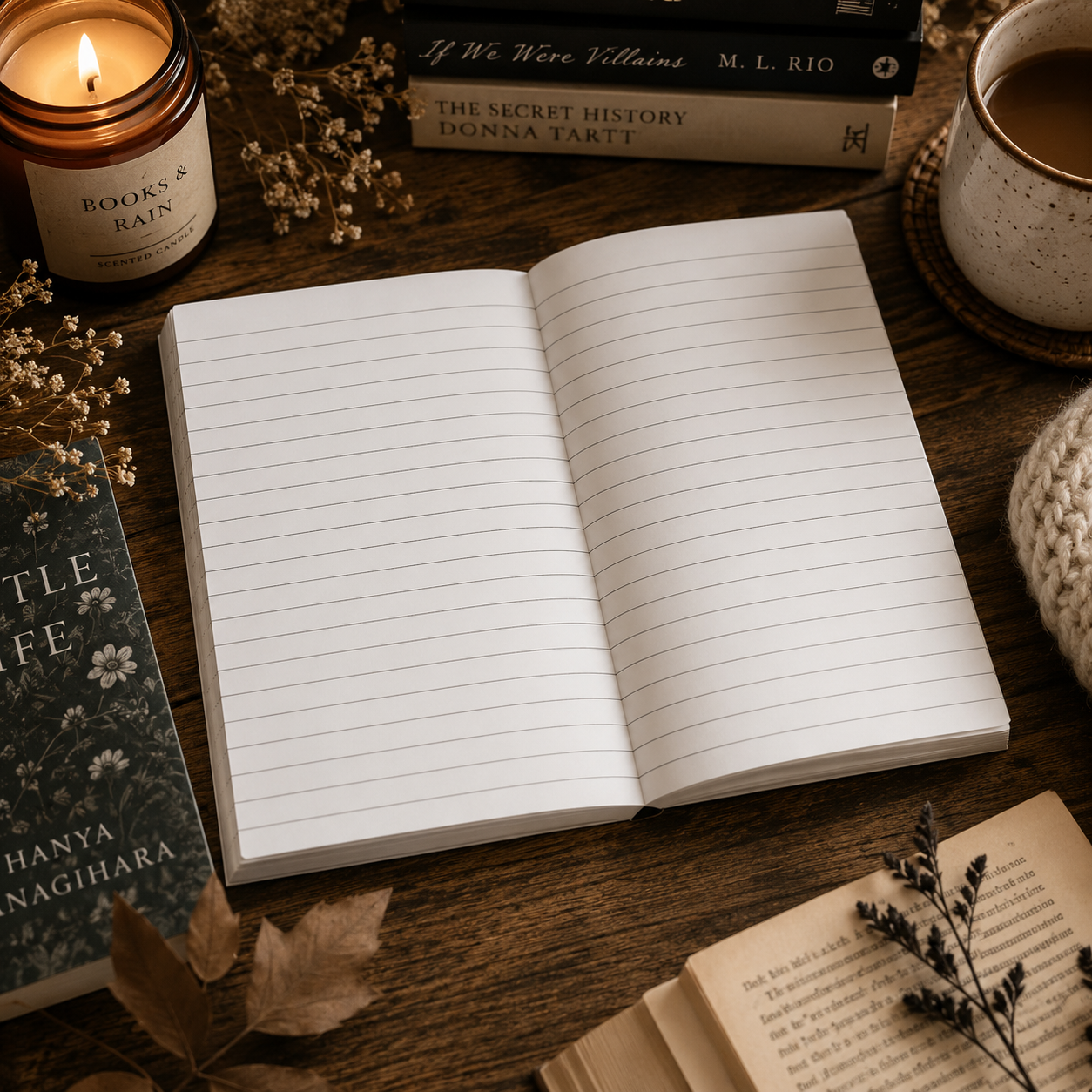 An open lined notebook lies on a rustic wooden table surrounded by cozy props, including a lit candle labeled 'Books & Rain,' stacked books, a mug of tea, dried flowers, and an open book with a sprig of herbs.
