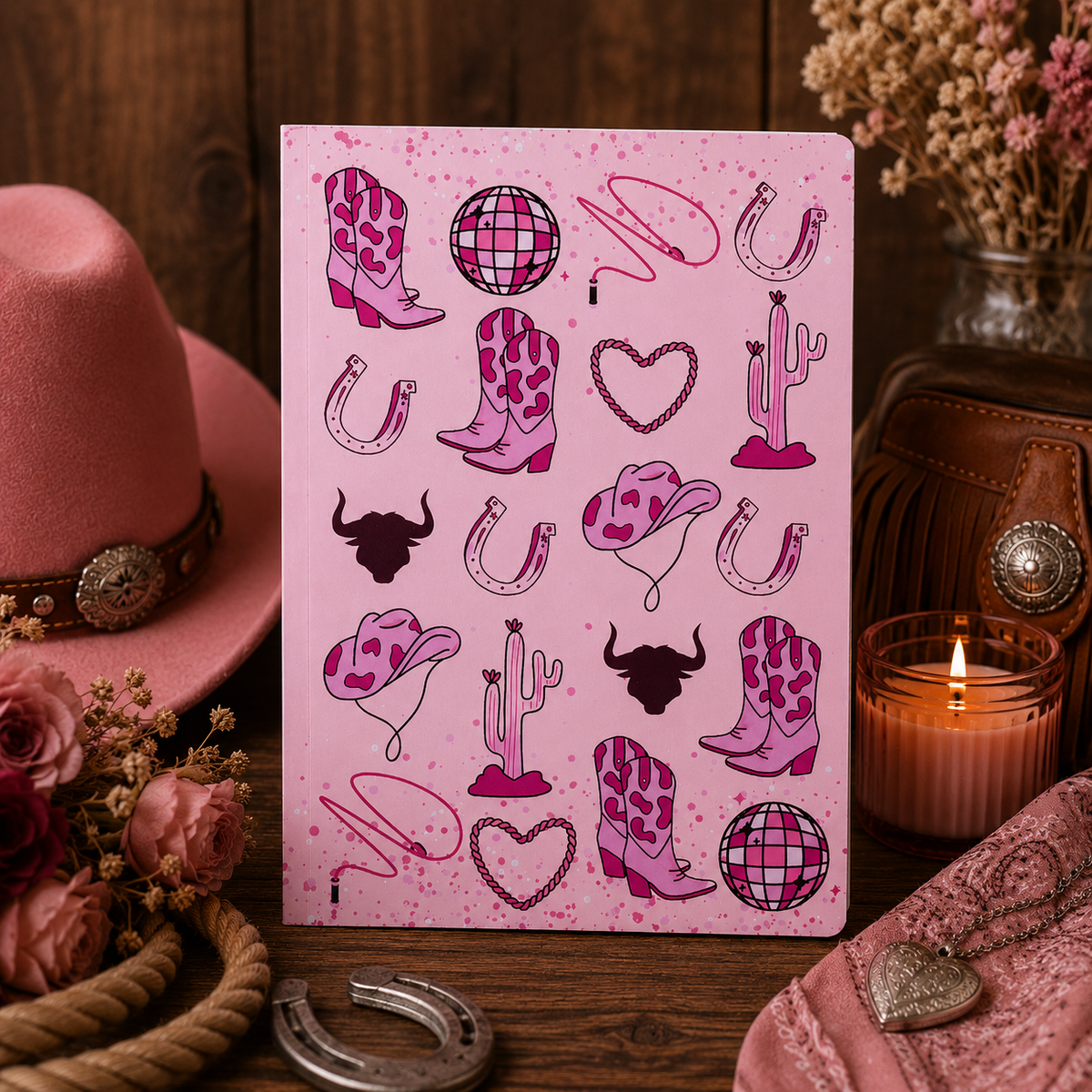 A pink reading journal featuring western-themed illustrations like cowboy boots, horseshoes, cacti, and hearts, styled on a rustic wooden table with a pink hat, candle, flowers, and leather accessories around it.