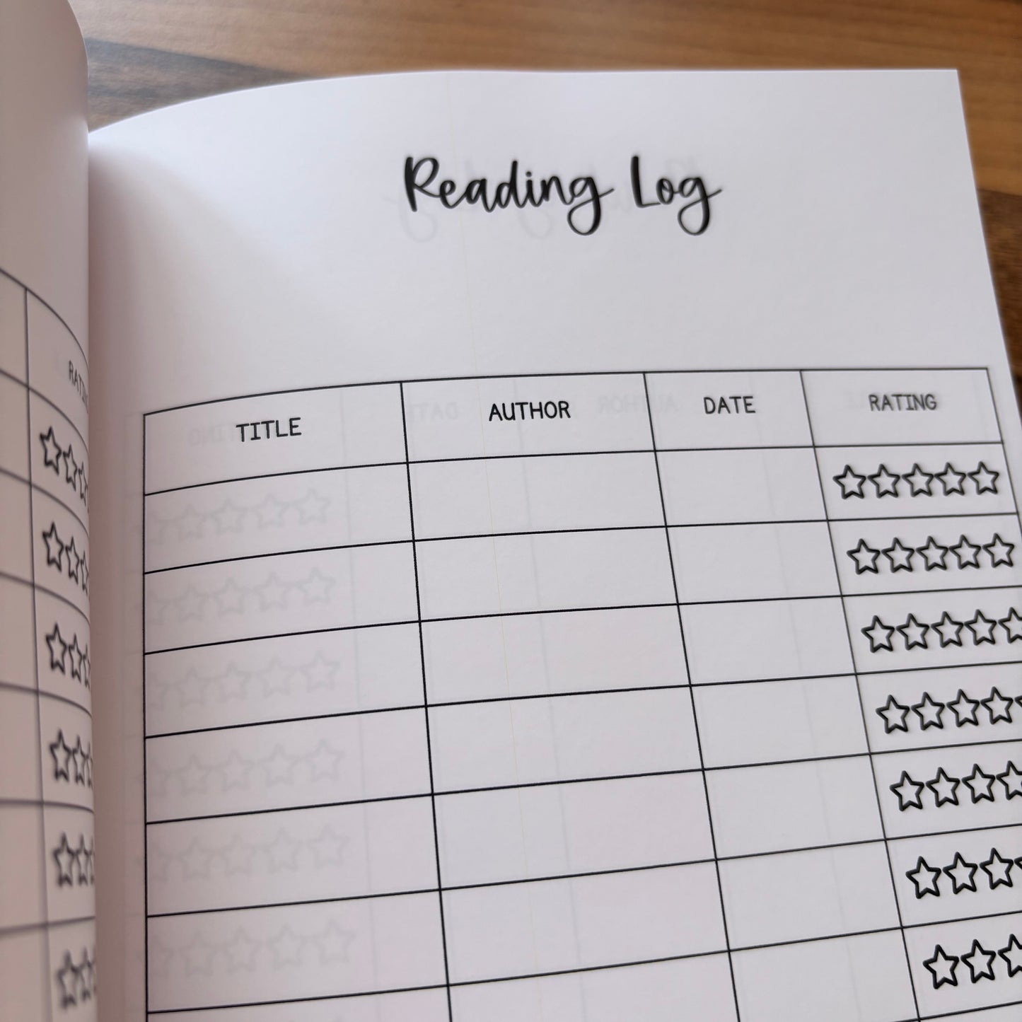 Reading log page with title, author, date read and five star rating in book journal