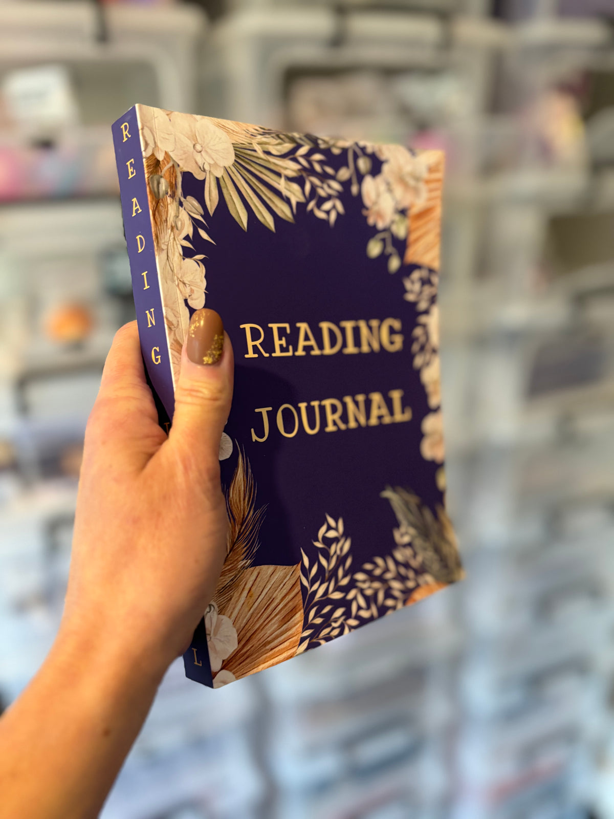 400 page paperback navy blue floral reading journal