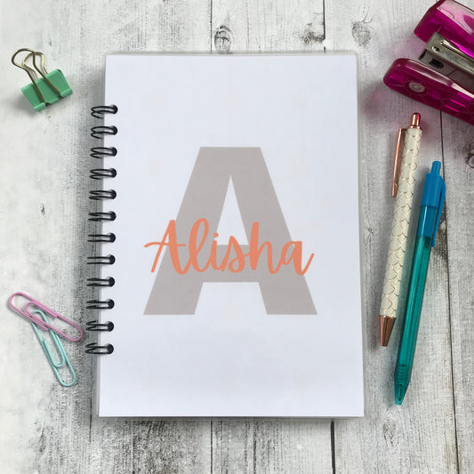 Personalised Name Notebook, Orange / Grey Design. Lined, Dotted, Grid or Plain Paper